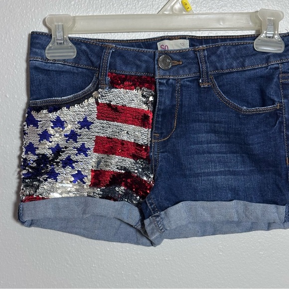 SO Girls Kids Sequin American Flag Denim Blue Shorts size 12. - Picture 2 of 8